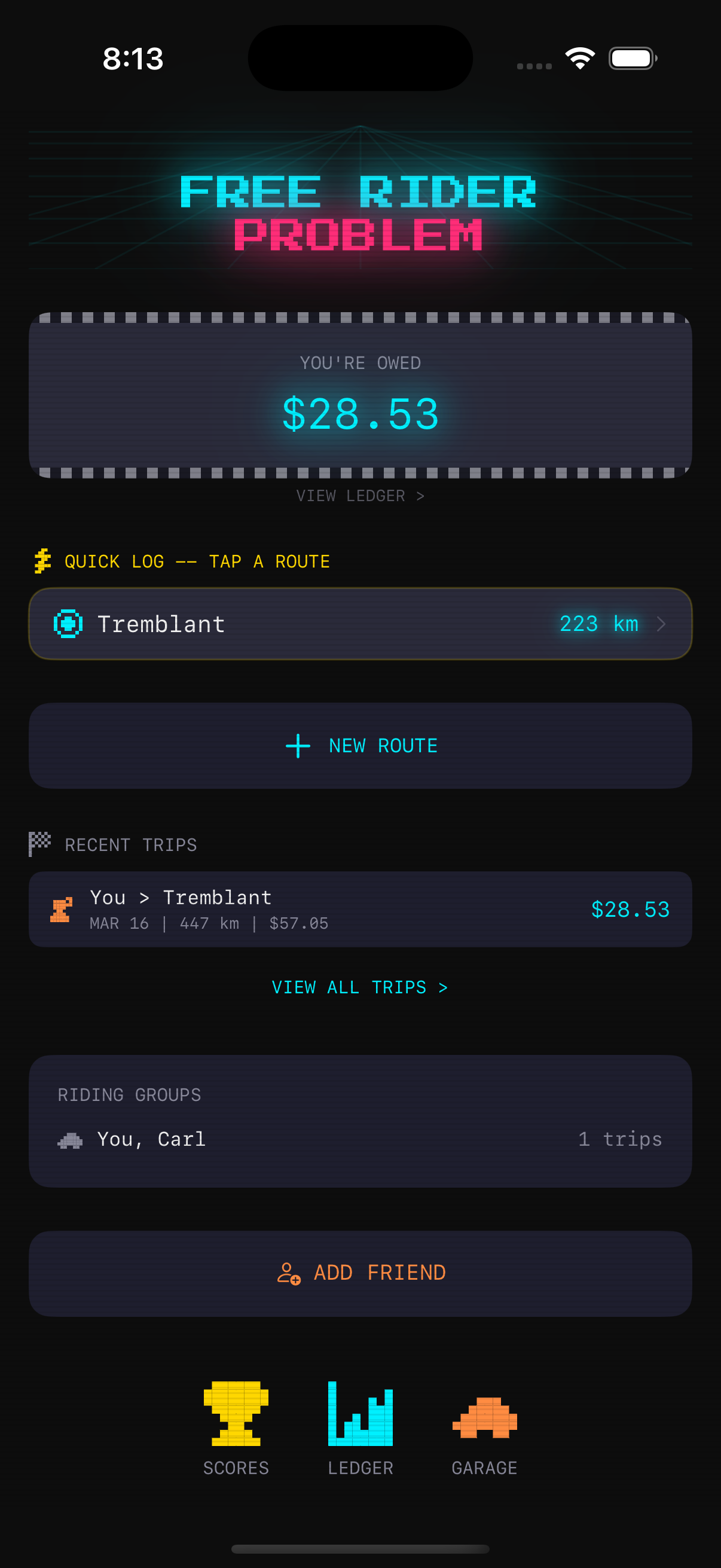 Free Rider Problem app — Home screen showing balance and saved routes