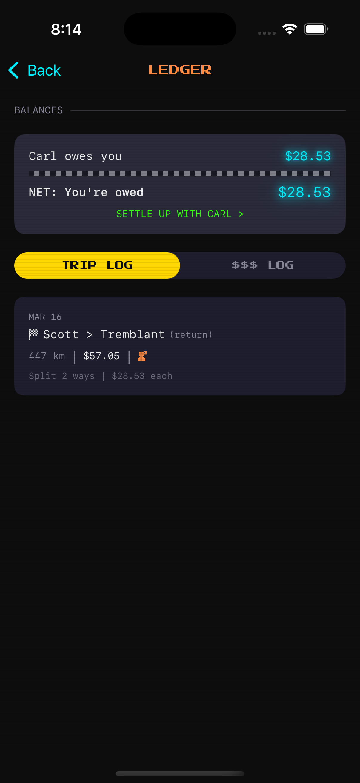 Ledger showing who owes whom with real-time balances